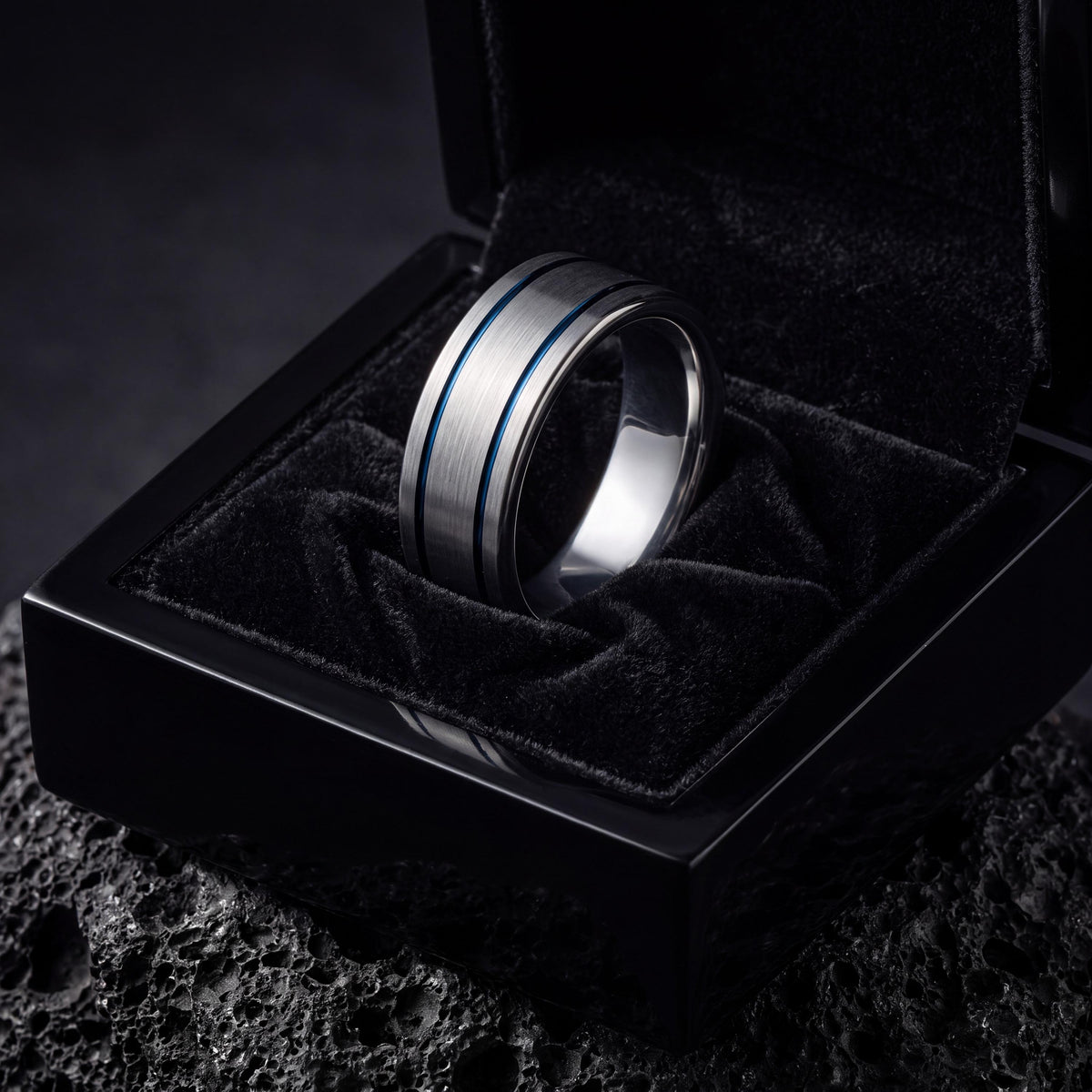 Custom Gift, Blue Silver Tungsten Wedding Ring, 8mm Flat, Jewelry, Personalized, Minimalist, Handmade, Birthday, Valentines, Mens Rings