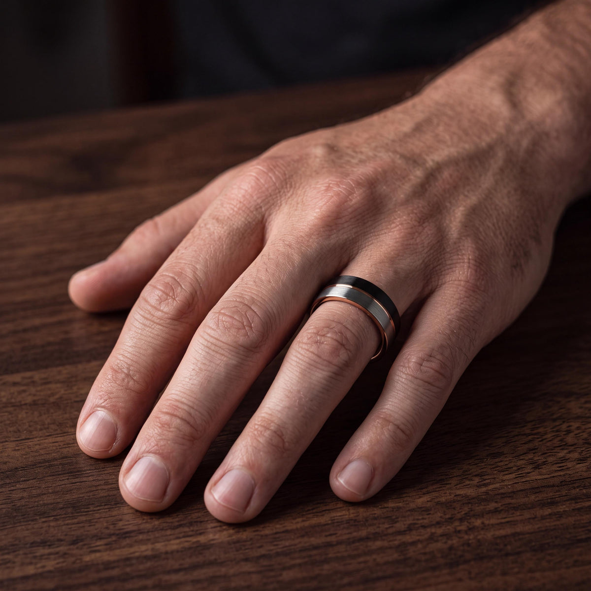 Wedding Band Set,Two Tone Mens Wedding Rings,Rose Gold and Black Tungsten Wedding Band,Silver Chunky Rings,Rose Gold Rings,Metallic Black,10