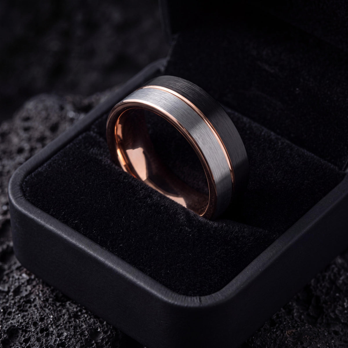 Wedding Band Set,Two Tone Mens Wedding Rings,Rose Gold and Black Tungsten Wedding Band,Silver Chunky Rings,Rose Gold Rings,Metallic Black,10