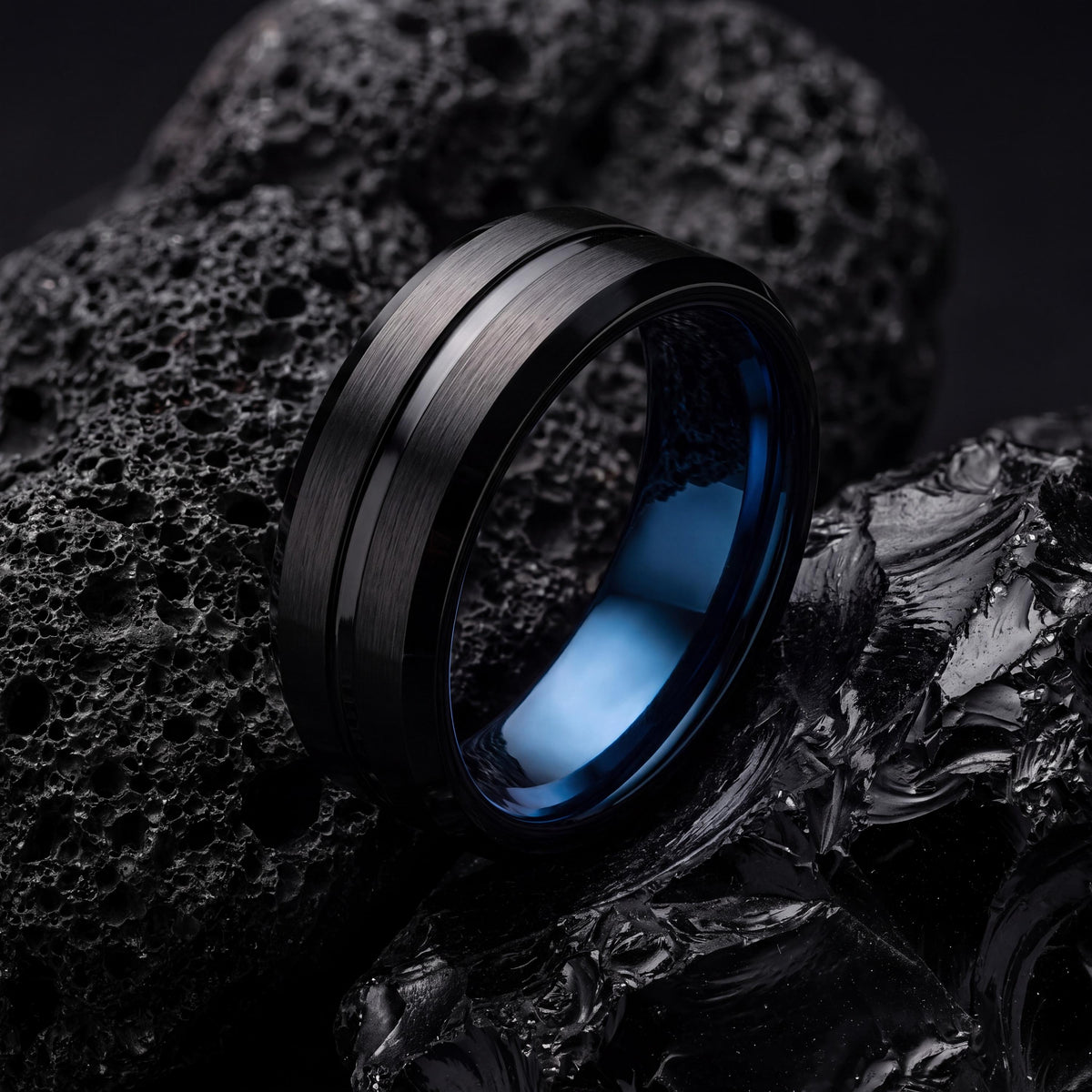 Black Tungsten Wedding Band, Blue Inner Band, Beveled Edge