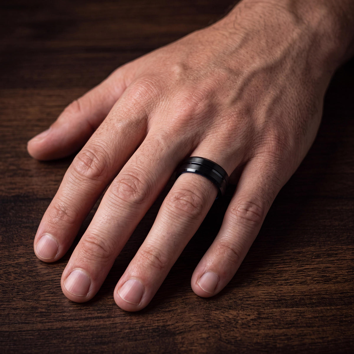 Black Tungsten Wedding Band, Blue Inner Band, Beveled Edge