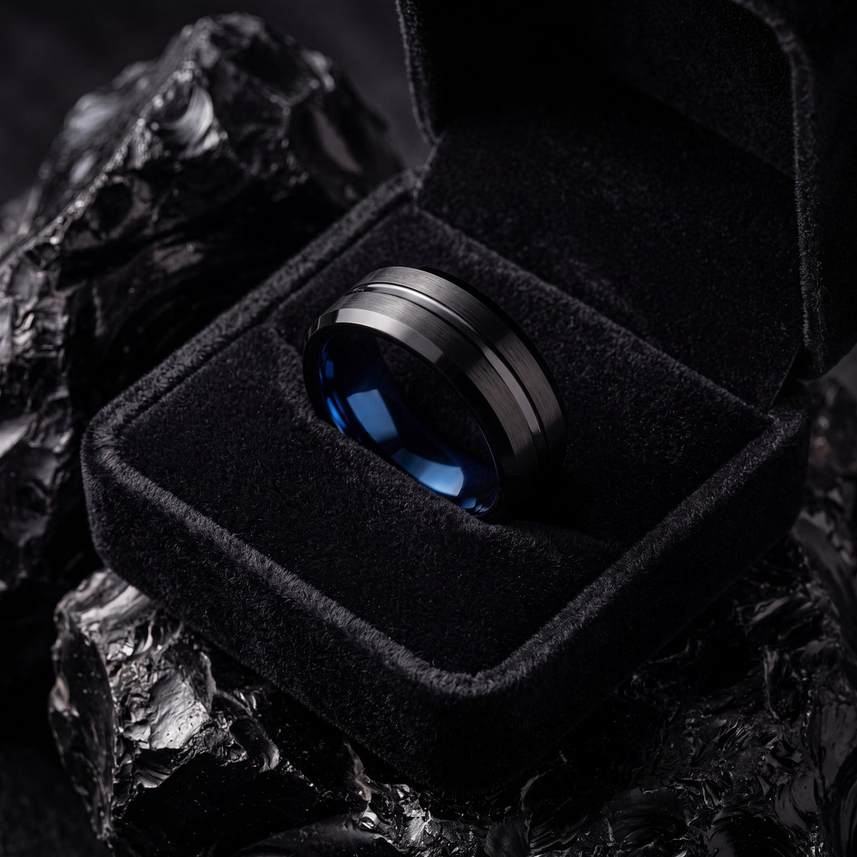 Black Tungsten Wedding Band, Blue Inner Band, Beveled Edge
