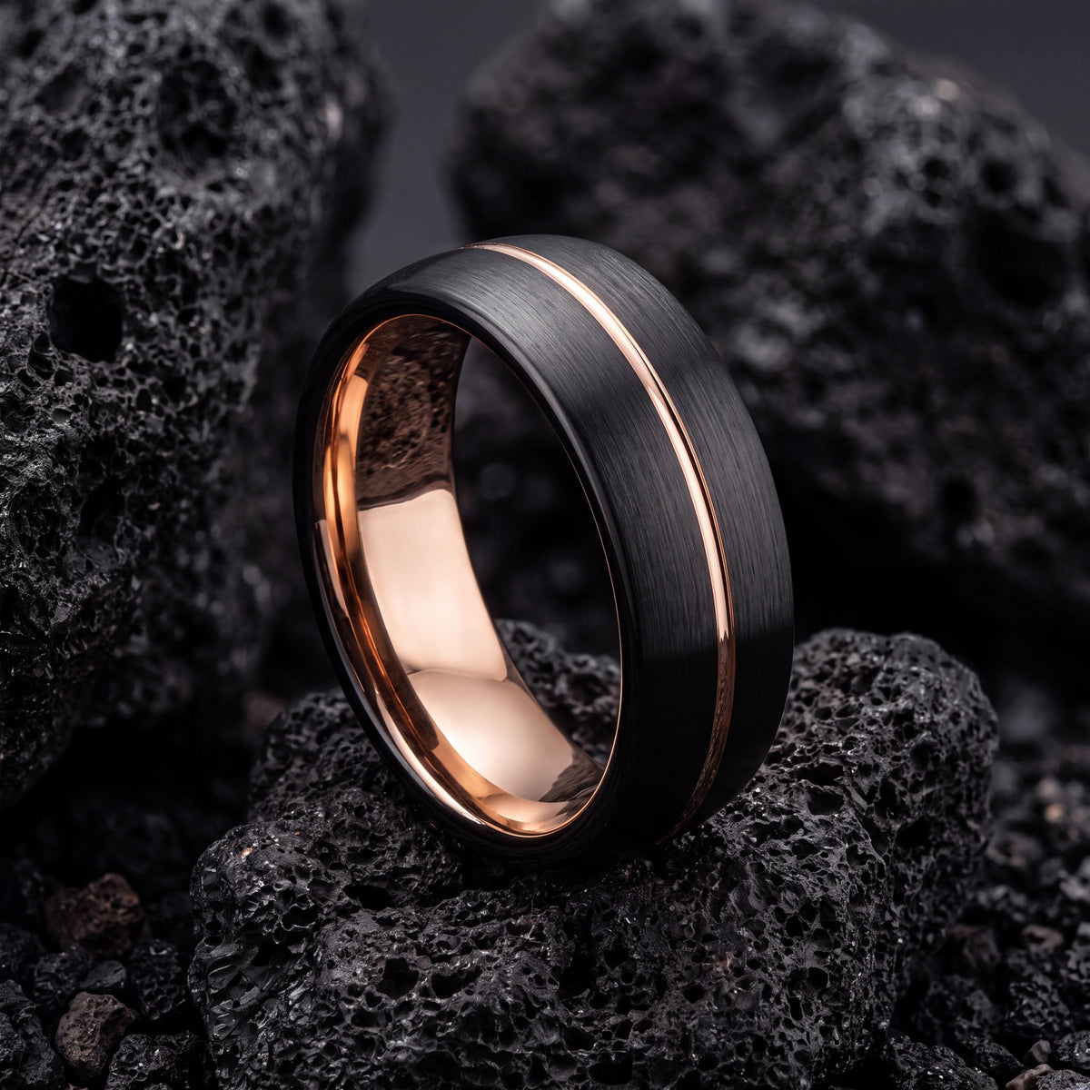 Mens Wedding Band, Black Rose Gold Tungsten Ring, 8mm Dome Edge, Jewelry, Custom, Personalized, Minimalist, Handmade, Gift for Him