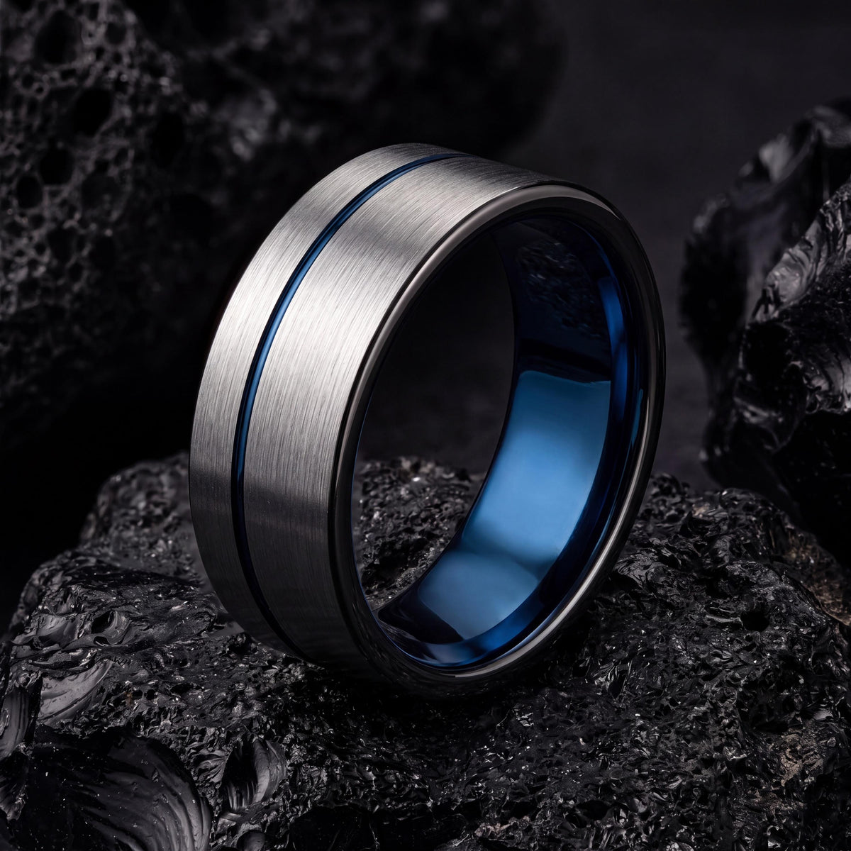 Mens Wedding Band Tungsten,Wedding Bands Women Unique,His and Hers Wedding Rings,Male Wedding Band Gunmetal 8mm,Silver Rings,Mens Rings Blue