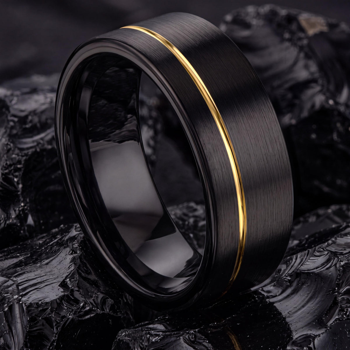 Mens Black Tungsten Wedding Band, Two Tone Gold Inlay, Comfort Fit