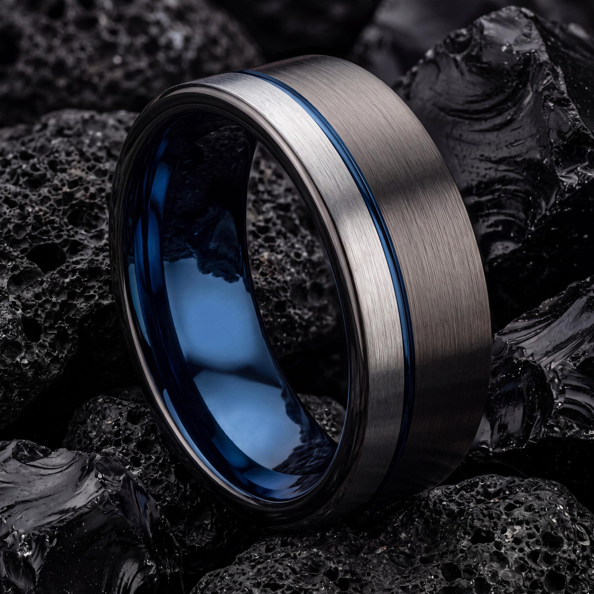 Tungsten Carbide Wedding Band Set, Gunmetal, Silver, Blue Inlay