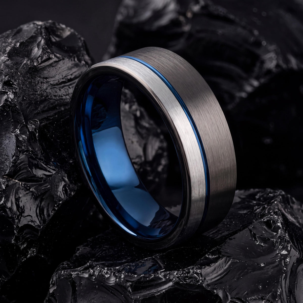 Tungsten Carbide Wedding Band Set, Gunmetal, Silver, Blue Inlay