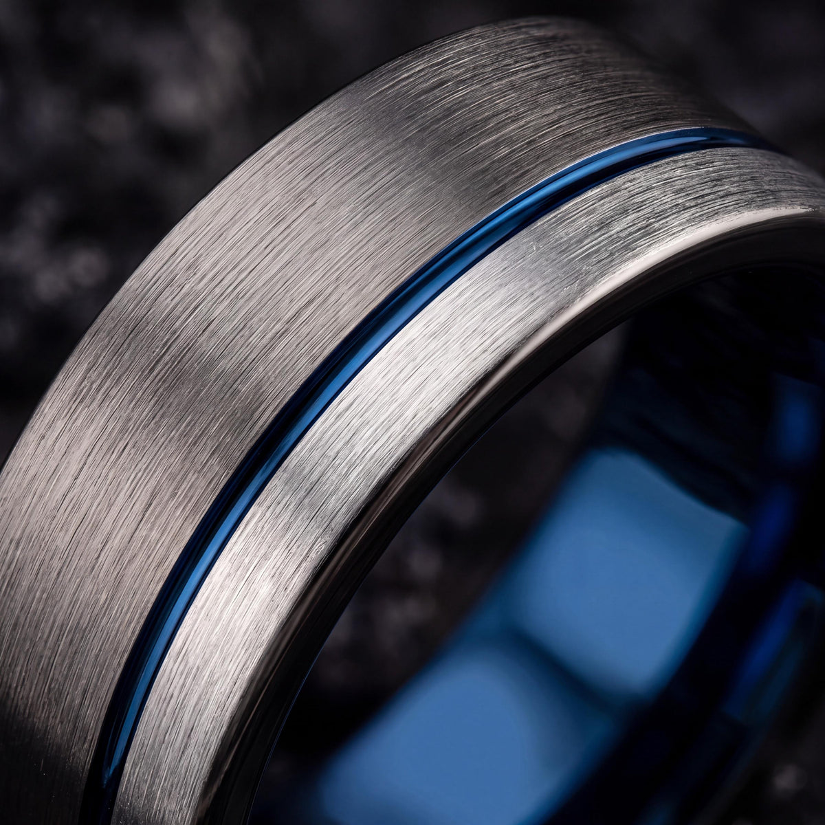 Tungsten Carbide Wedding Band Set, Gunmetal, Silver, Blue Inlay