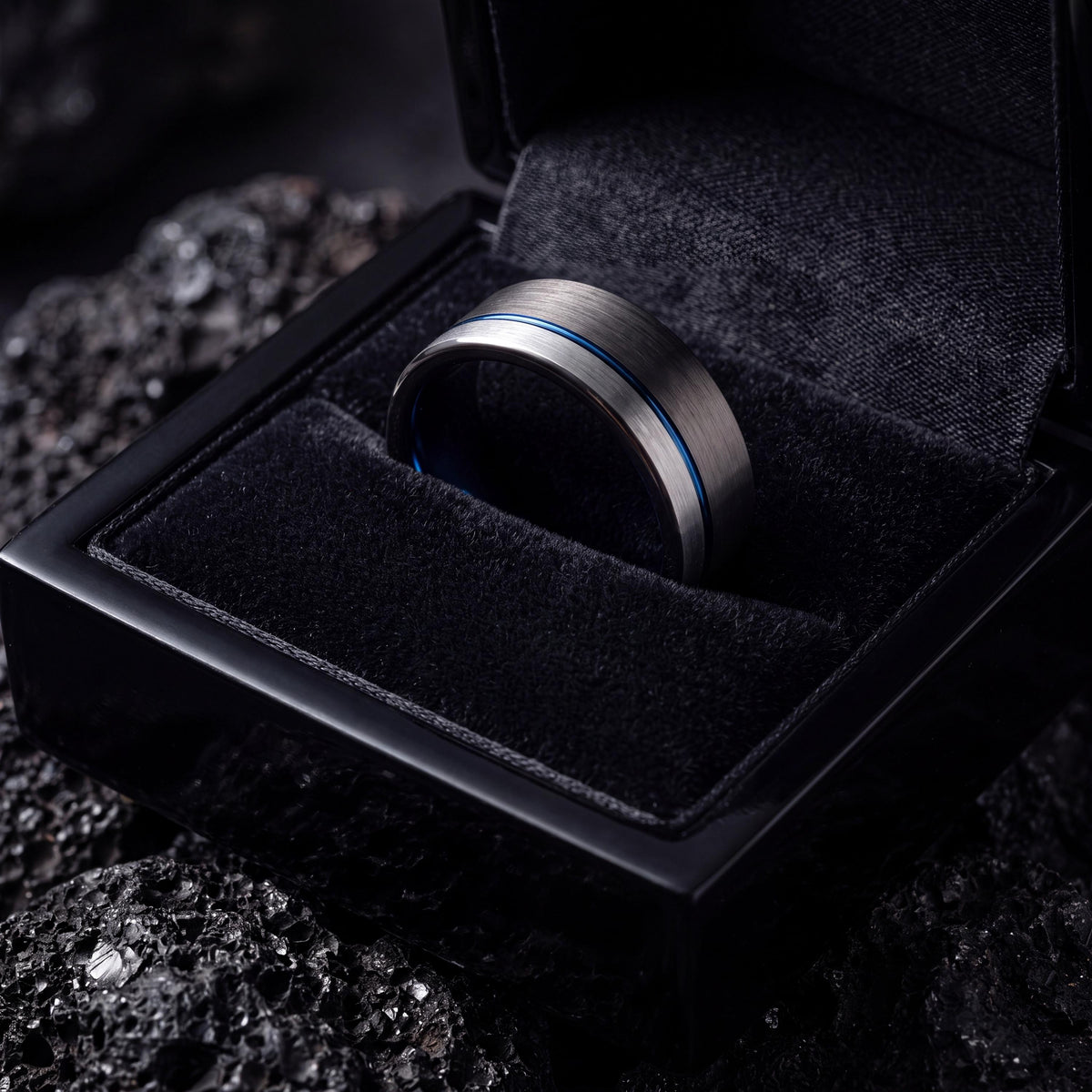 Tungsten Carbide Wedding Band Set, Gunmetal, Silver, Blue Inlay