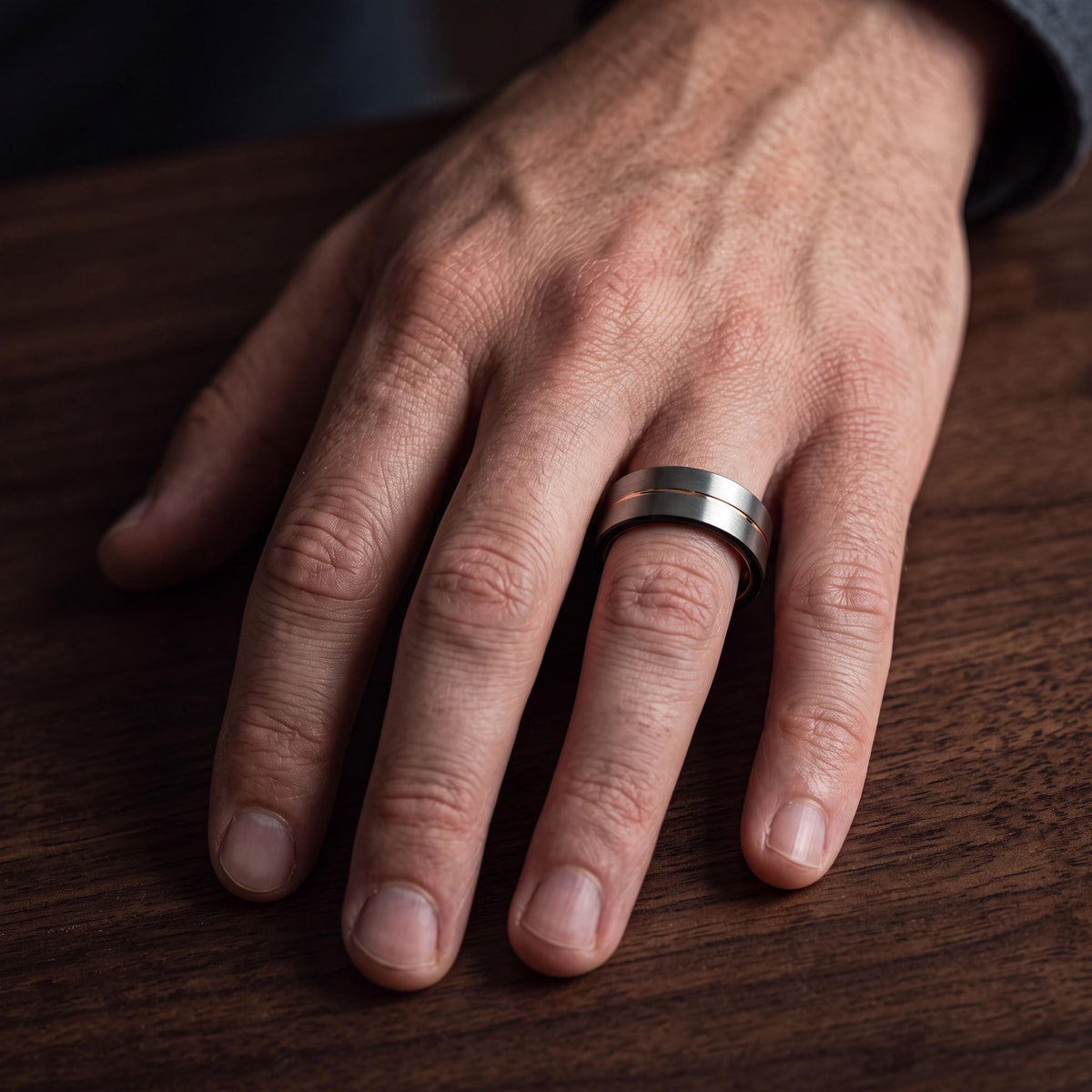 Tungsten Carbide Wedding Band, Rose Gold Inlay, Black Tungsten Ring