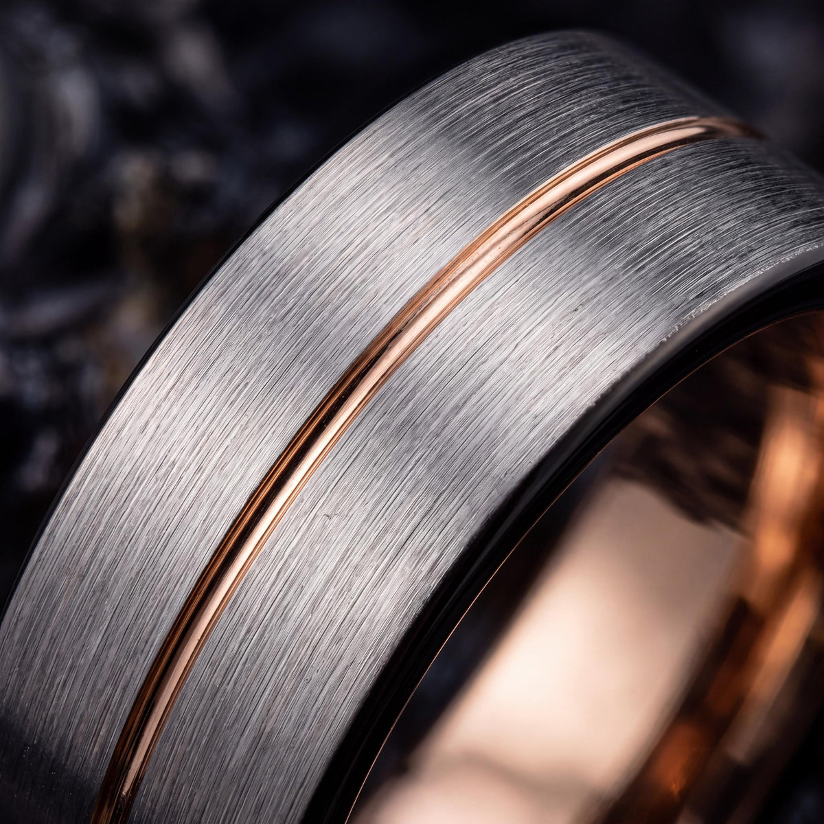 Tungsten Carbide Wedding Band, Rose Gold Inlay, Black Tungsten Ring