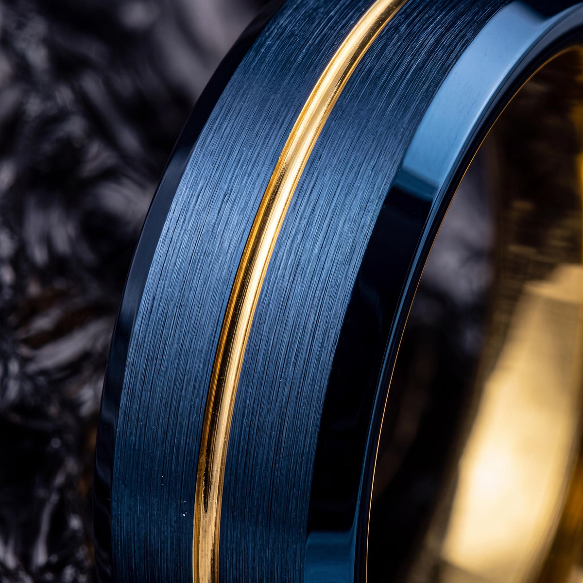 Beveled Tungsten Ring Blue, Men's Gold Wedding Band, Anniversary Gift Idea, Personalized Gifts for Him, Engraved Laser Ring, Fast Shipping