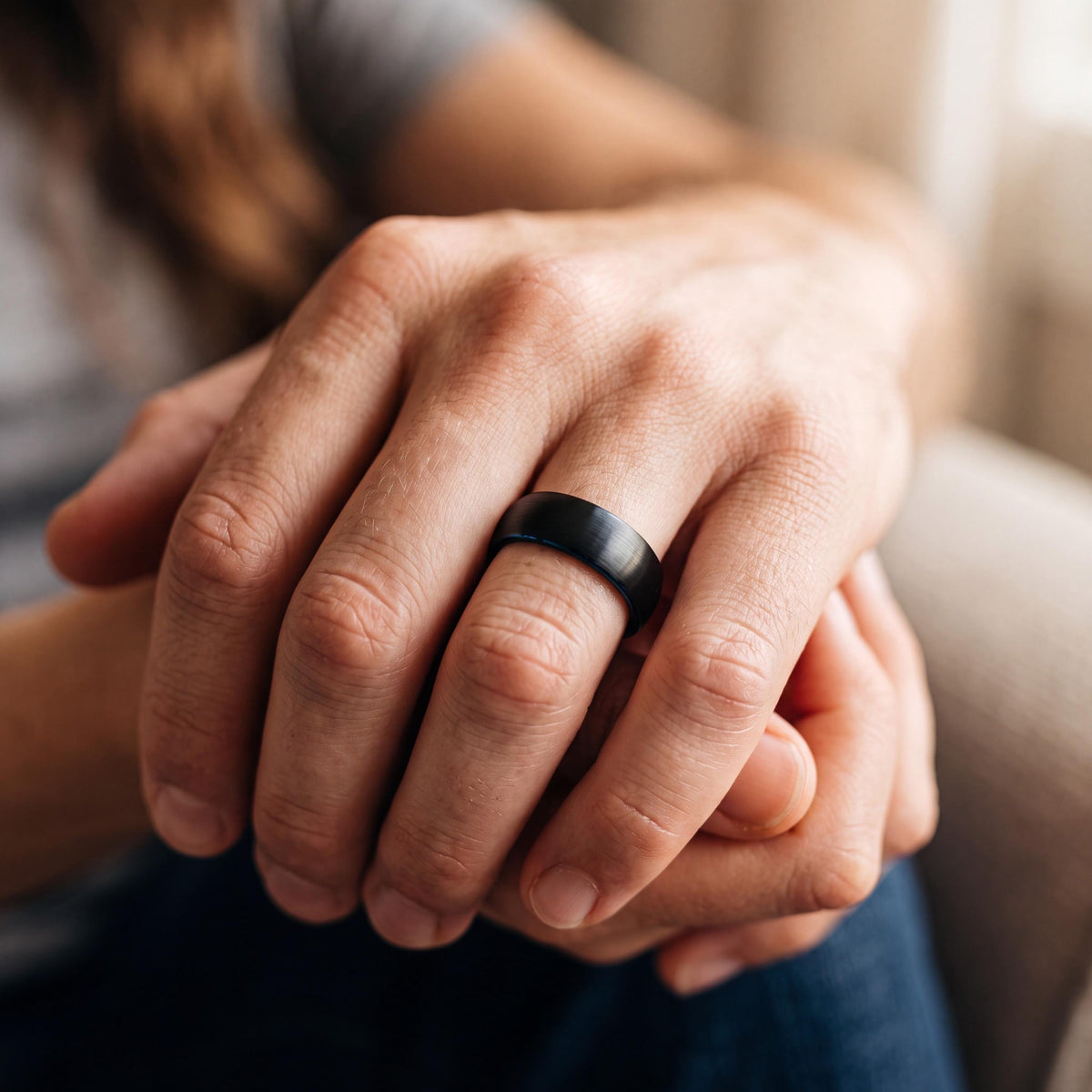 Black Tungsten Carbide Wedding Band with Blue Interior