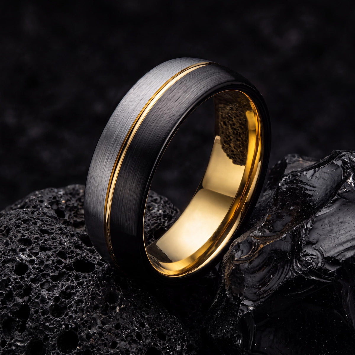 Black Tungsten Carbide Mens Wedding Band, Silver & 18k Gold Plated Ring