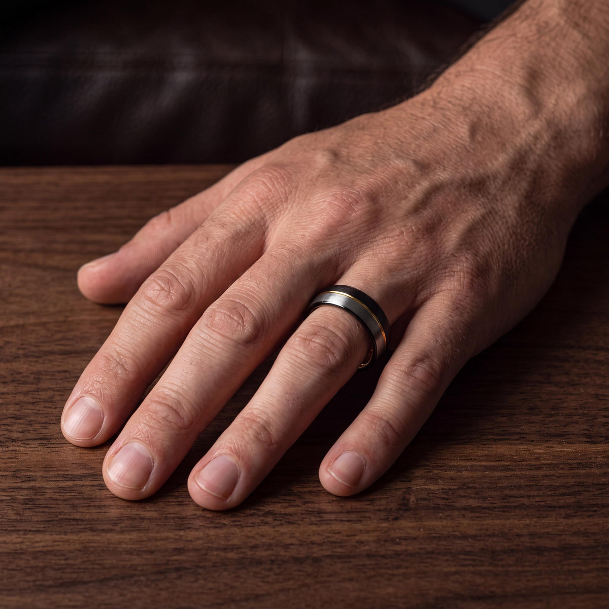 Black Tungsten Carbide Mens Wedding Band, Silver & 18k Gold Plated Ring