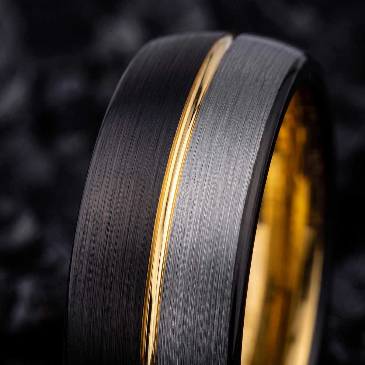Black Tungsten Carbide Mens Wedding Band, Silver & 18k Gold Plated Ring