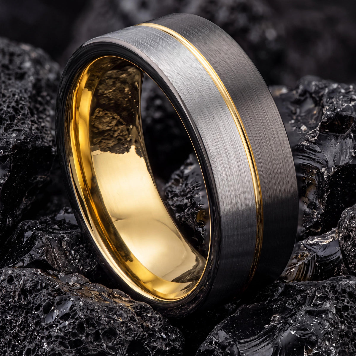 Tungsten Carbide Wedding Band, Gunmetal Silver with Yellow Gold, Comfort Fit