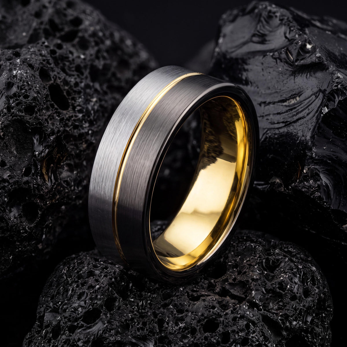 Tungsten Carbide Wedding Band, Gunmetal Silver with Yellow Gold, Comfort Fit