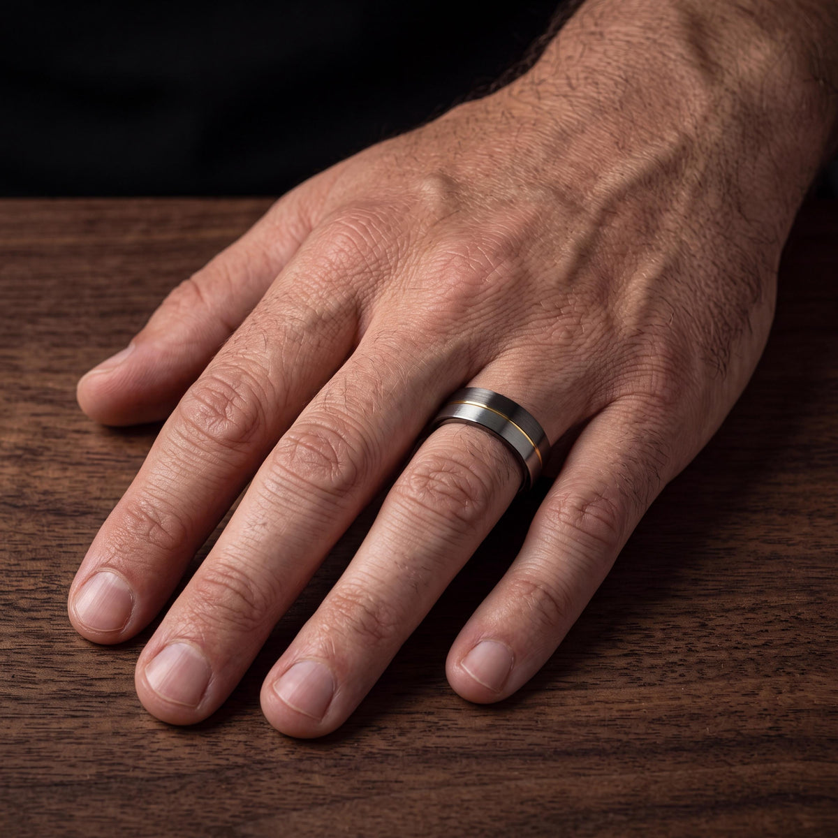 Tungsten Carbide Wedding Band, Gunmetal Silver with Yellow Gold, Comfort Fit