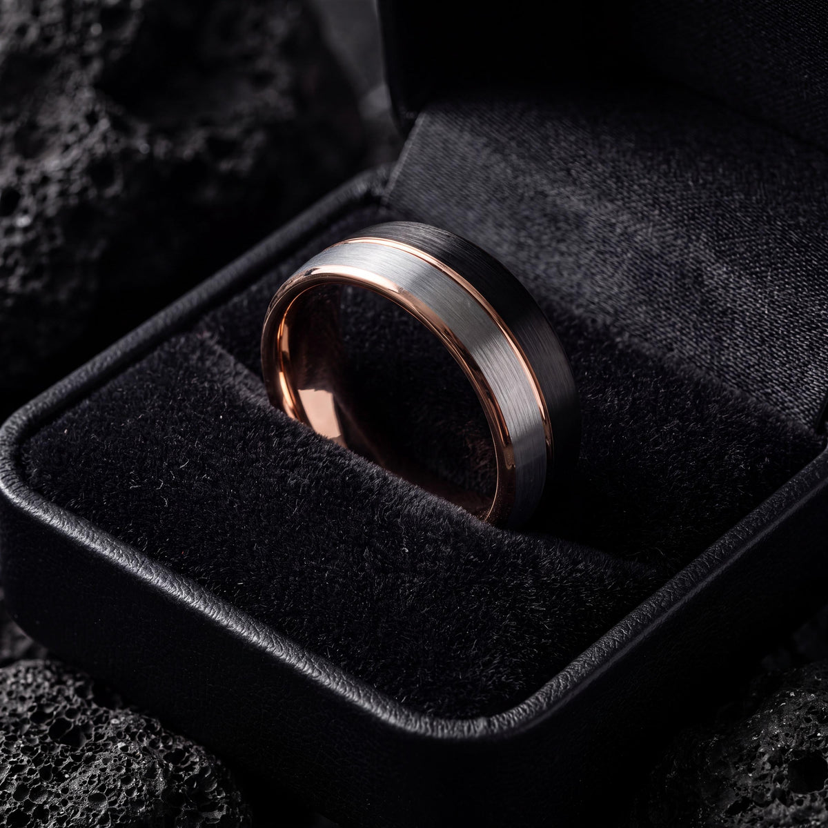 Tungsten Carbide Wedding Band Set, Black Silver Rose Gold, His and Hers
