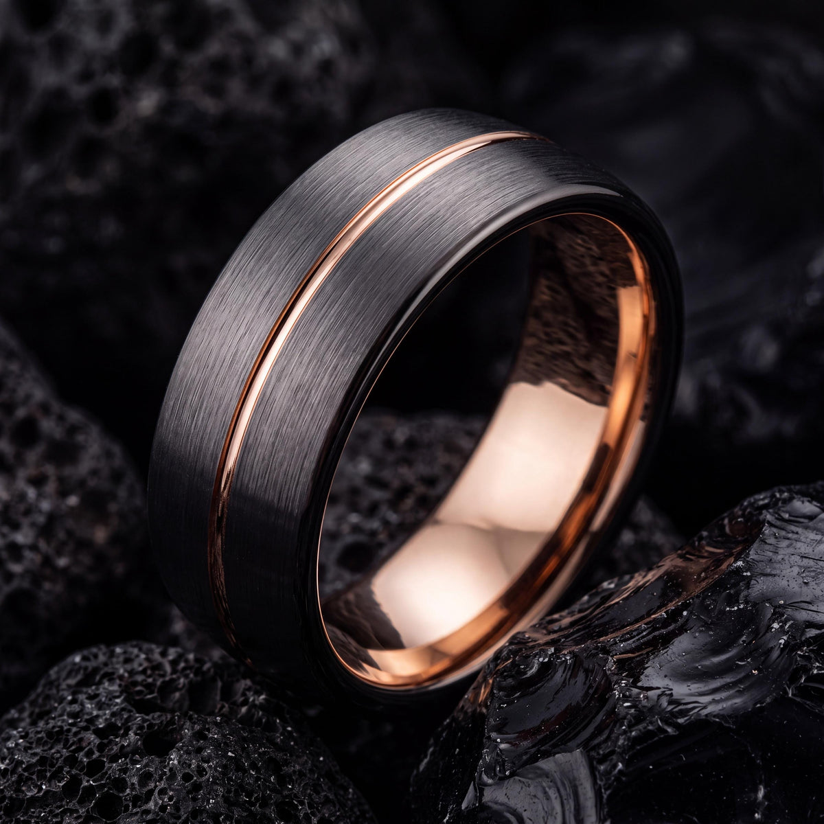 Mens Wedding Band Tungsten,Curved Wedding Band,Wedding Band Set His And Hers Unique,Male Wedding Band Gunmetal 4Mm,Rose Gold Cursive Letters
