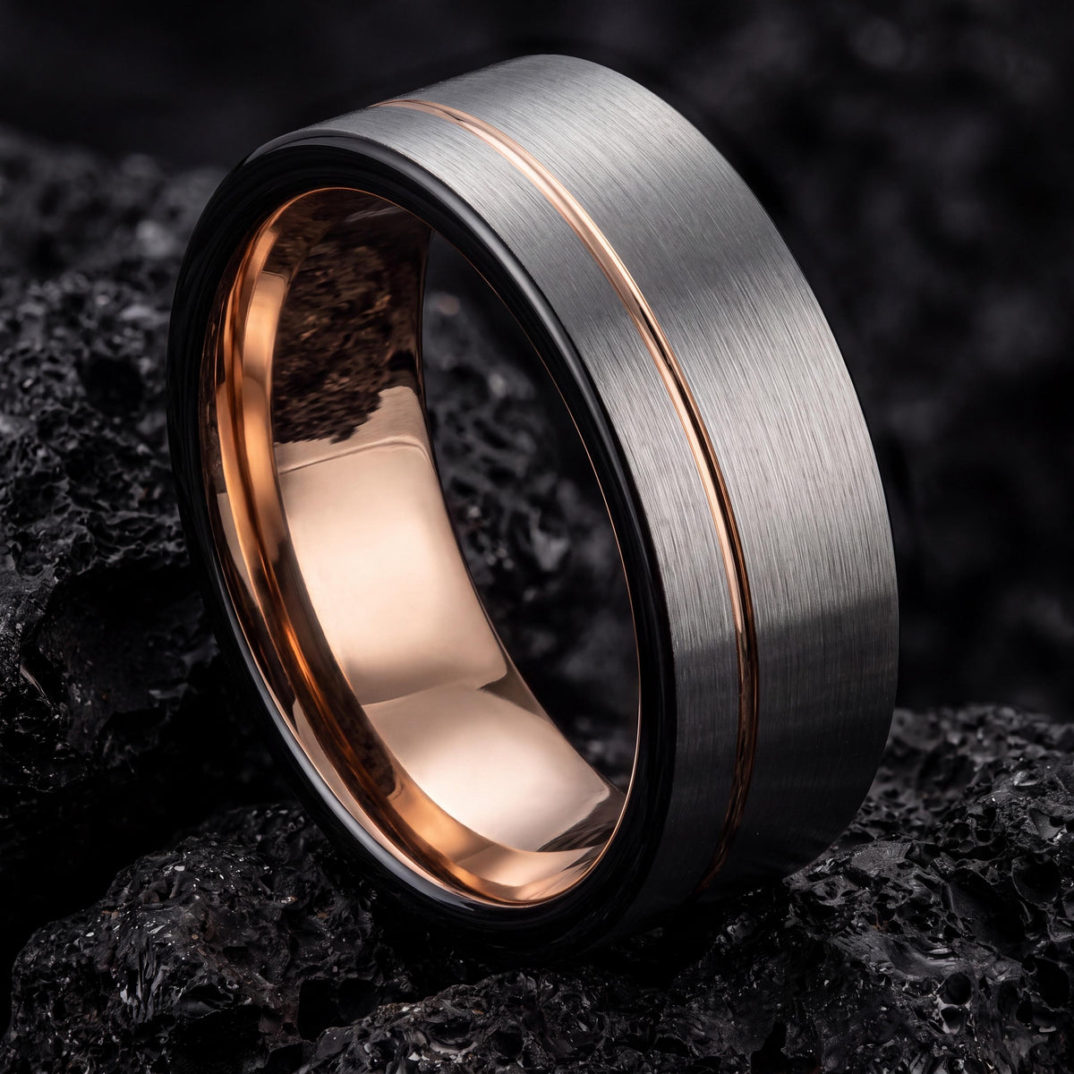 Tungsten Wedding Band Set, Black Rose Gold Inlay, Matching Promise Rings