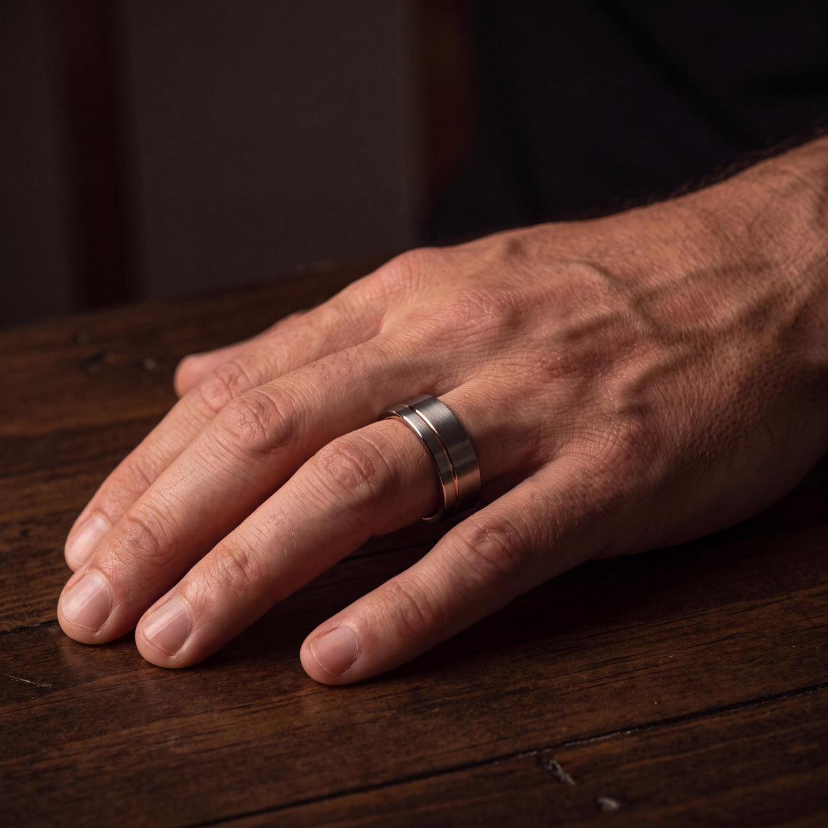 Tungsten Wedding Band Set, Black Rose Gold Inlay, Matching Promise Rings