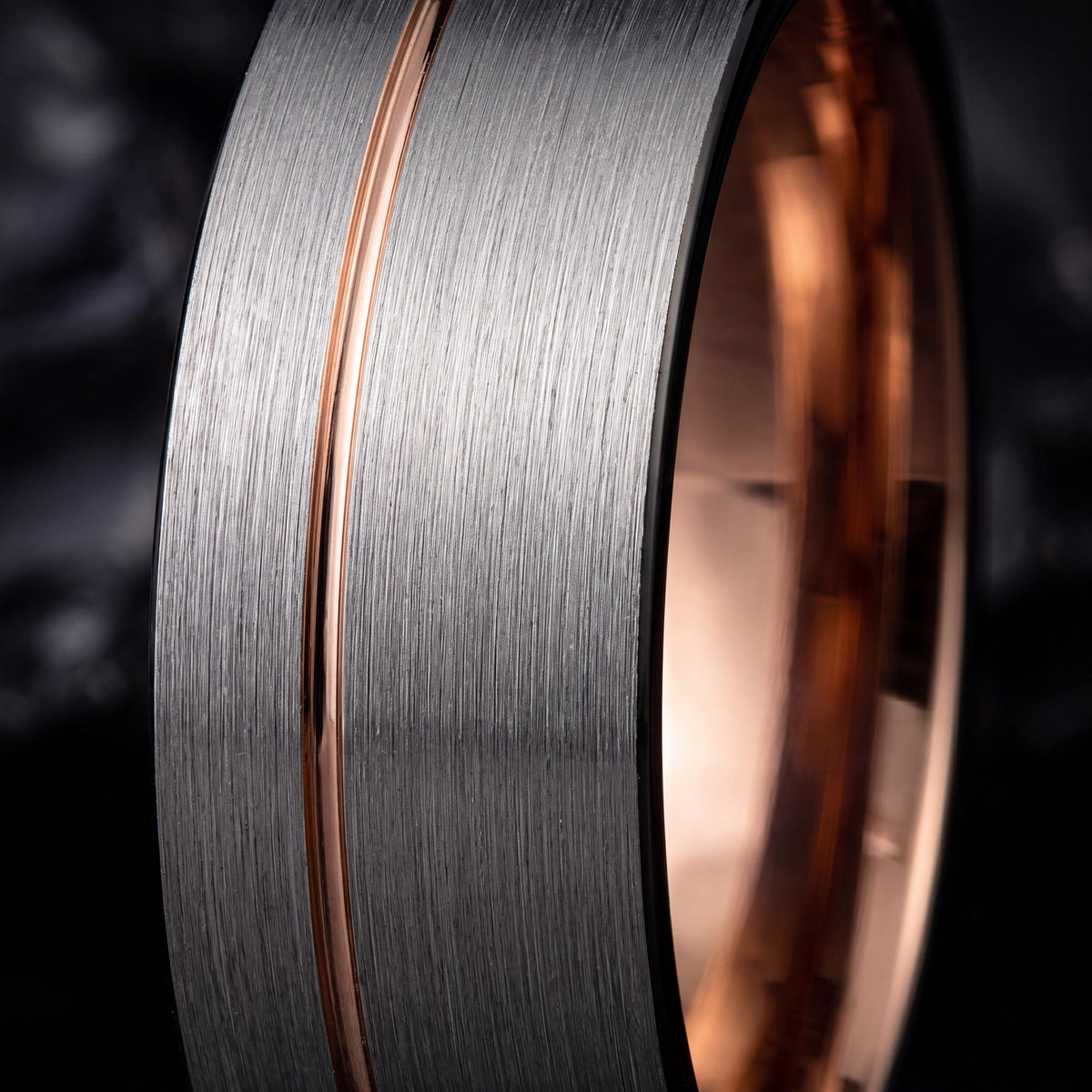 Tungsten Wedding Band Set, Black Rose Gold Inlay, Matching Promise Rings