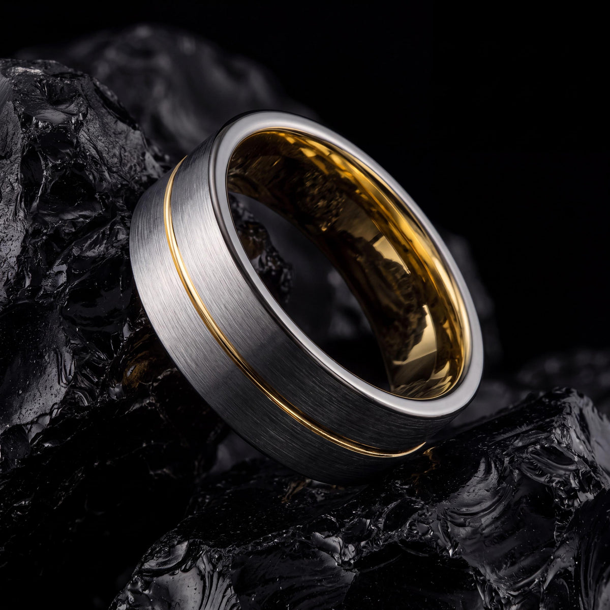 Mens Tungsten Wedding Band, Gunmetal Silver with 18k Yellow Gold