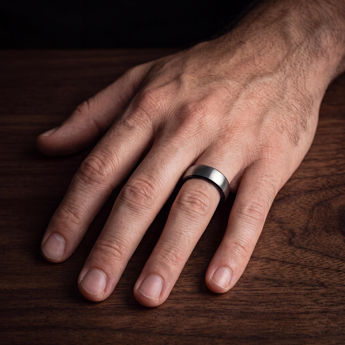Textured Tungsten Wedding Band, Silver Ring, Blue Interior
