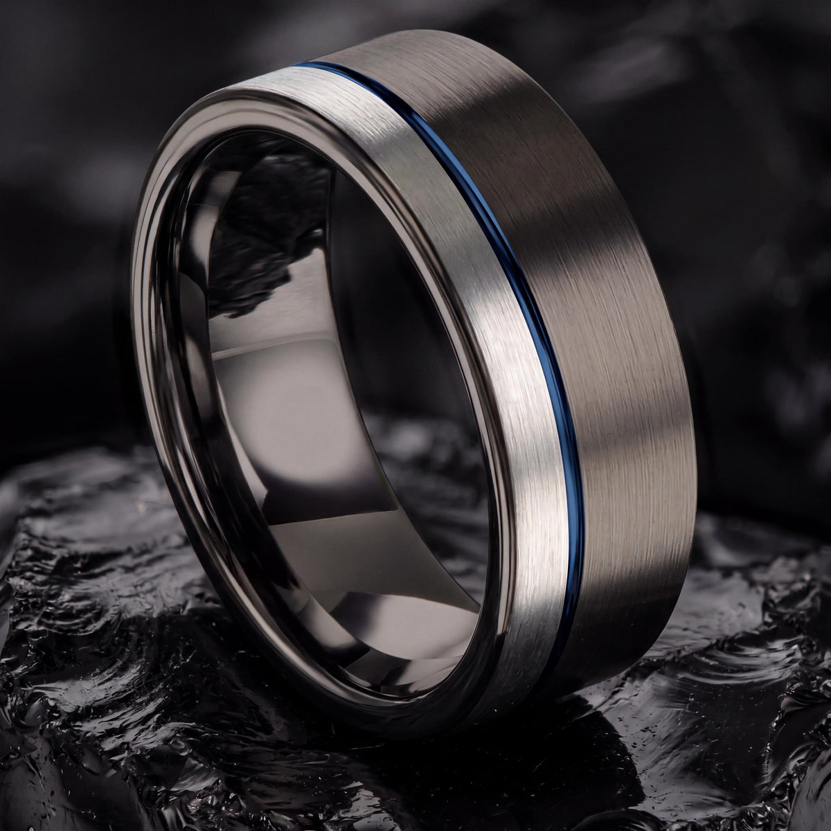 Gunmetal Tungsten Wedding Band Set, Blue Accent Line, Matching Rings