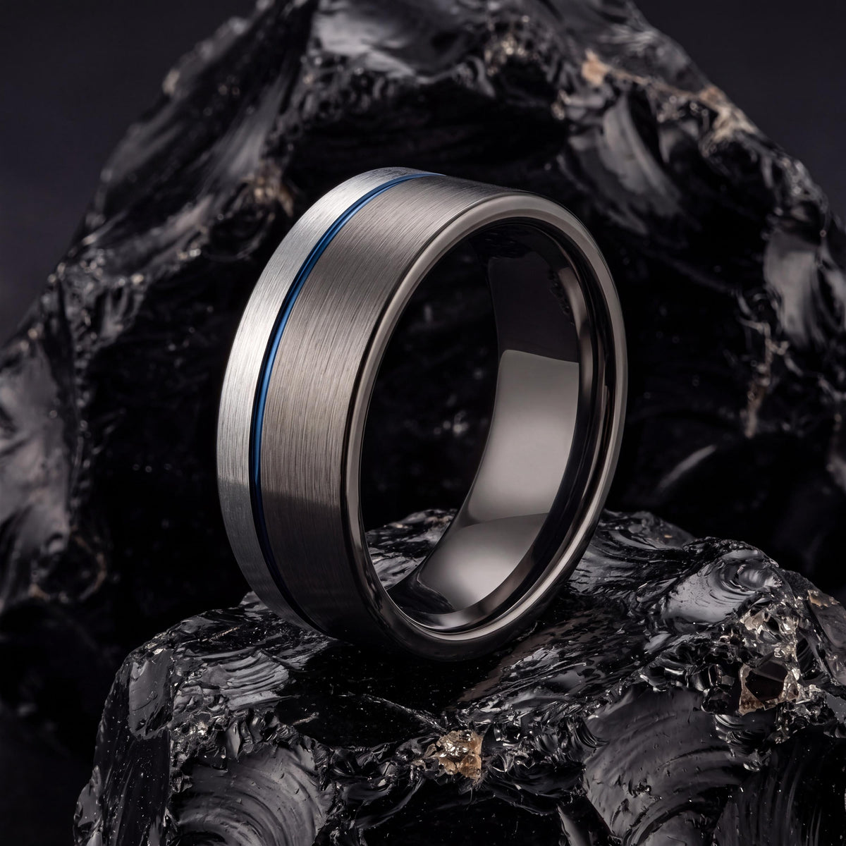 Gunmetal Tungsten Wedding Band Set, Blue Accent Line, Matching Rings