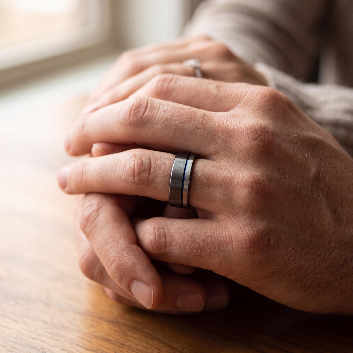 Gunmetal Tungsten Wedding Band Set, Blue Accent Line, Matching Rings