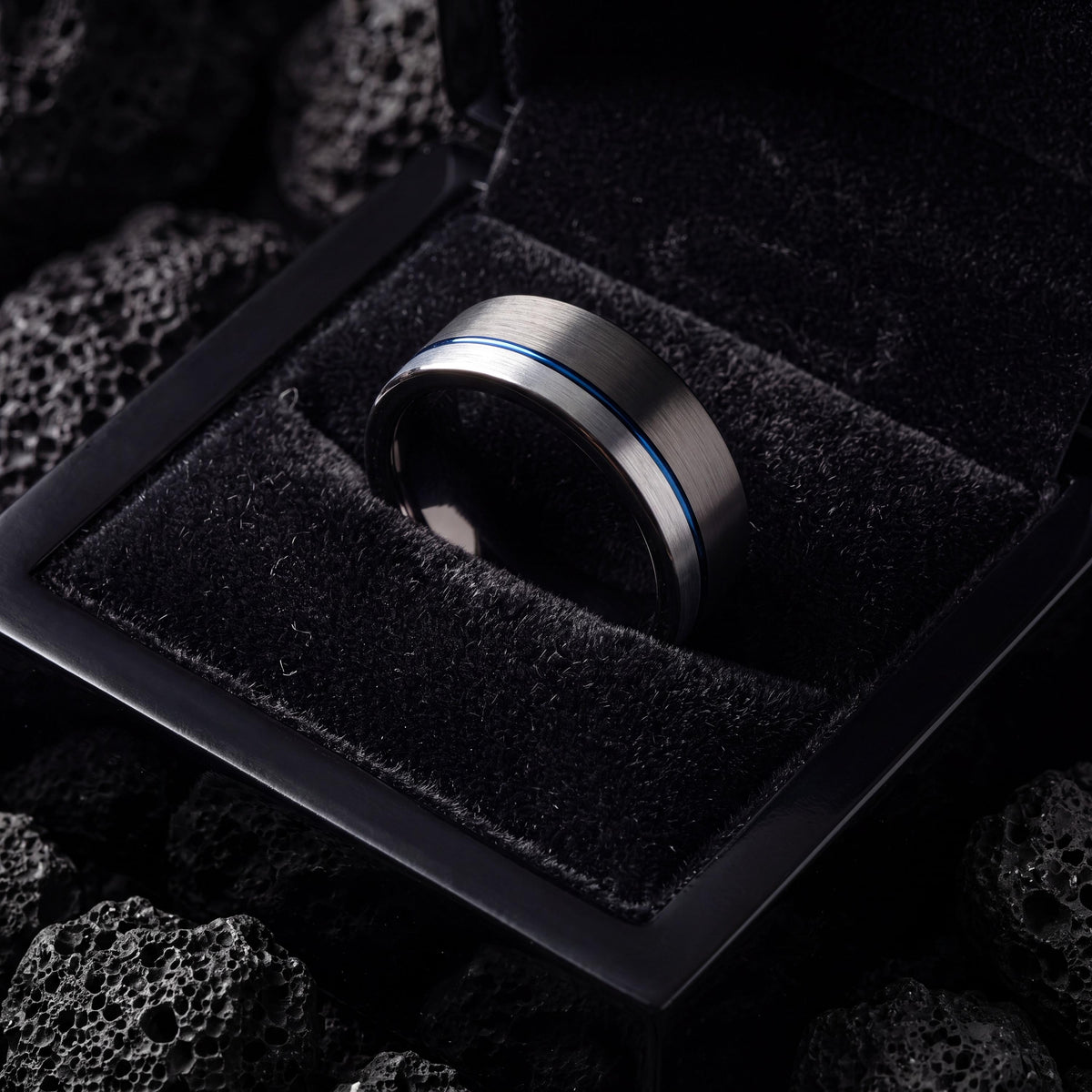 Gunmetal Tungsten Wedding Band Set, Blue Accent Line, Matching Rings