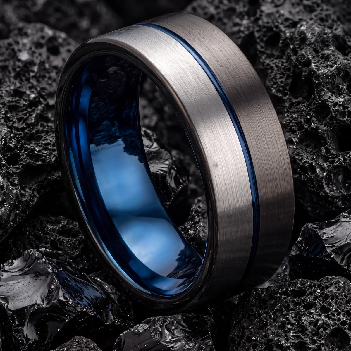 Wedding Bands,Tungsten Wedding Band,Unique Wedding Bands,Minimalist Wedding,Male Wedding Band Gunmetal 6mm,Silver Chunky Ring,Mens Blue Ring