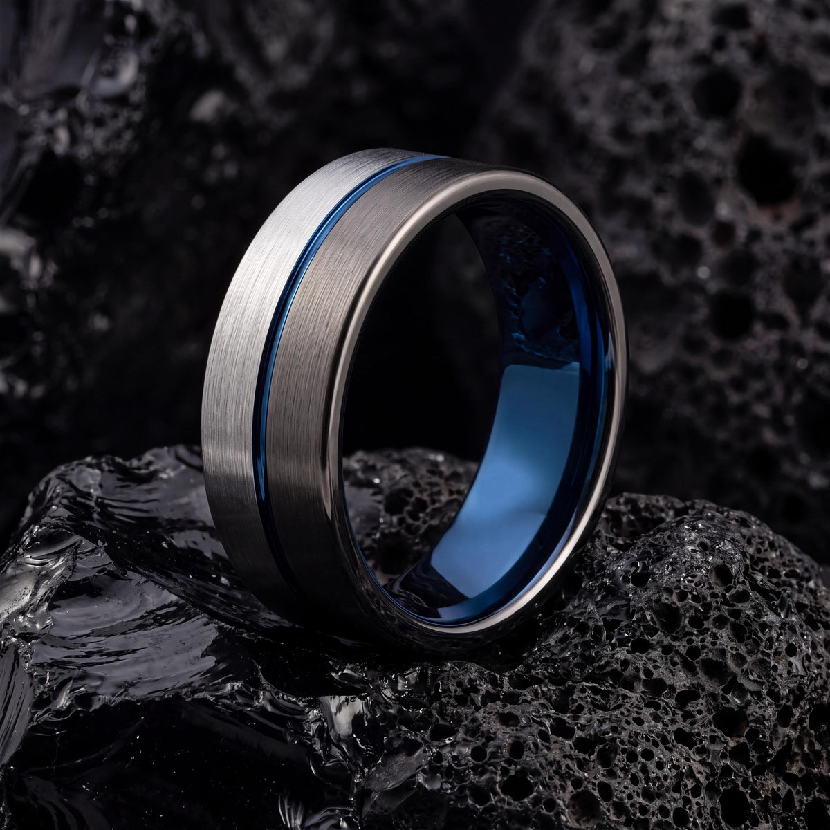 Wedding Bands,Tungsten Wedding Band,Unique Wedding Bands,Minimalist Wedding,Male Wedding Band Gunmetal 6mm,Silver Chunky Ring,Mens Blue Ring