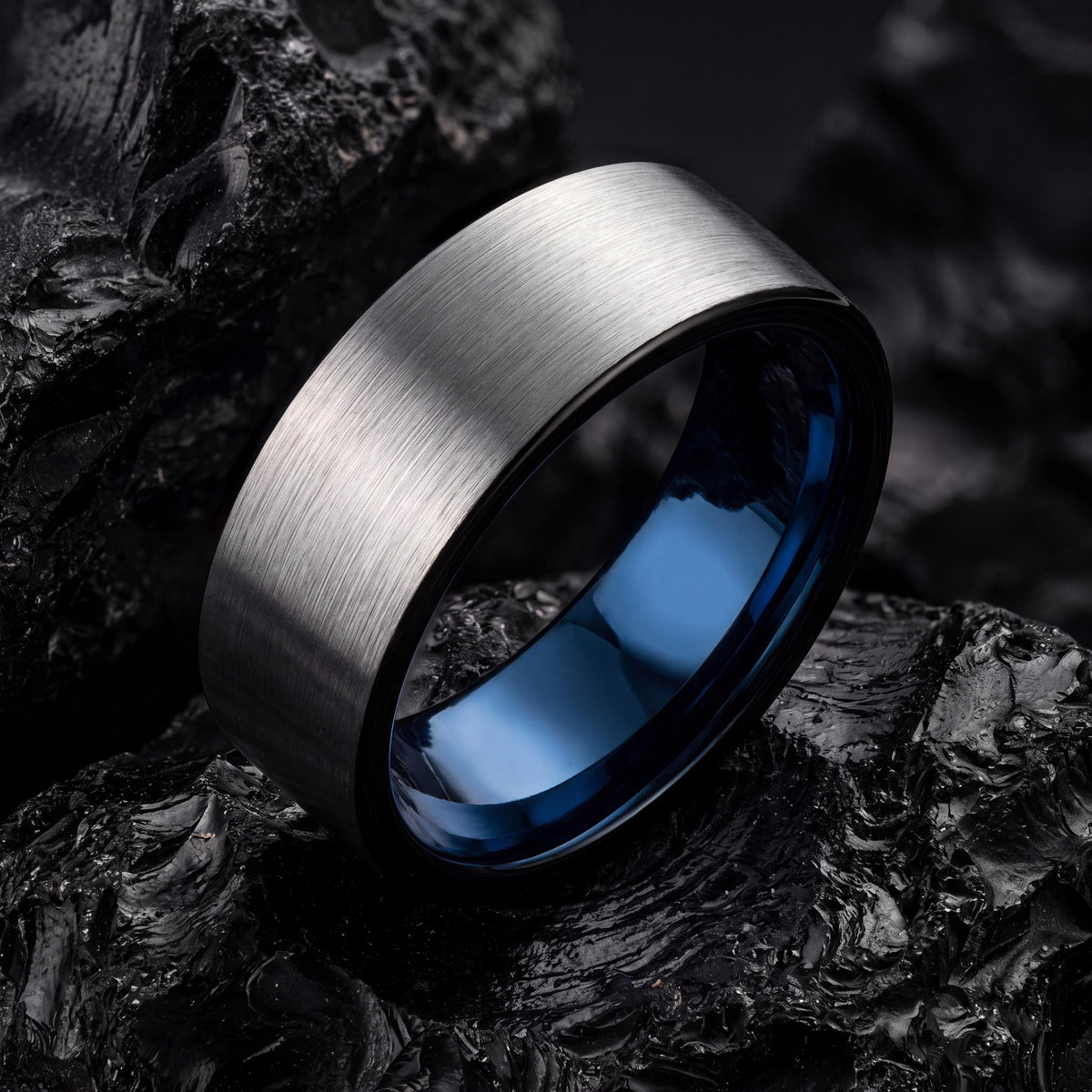 Mens Wedding Band Tungsten,Unique Mens Wedding Band,70Th Wedding Anniversary,Silver Statement Ring,Men Wedding Ring Black,Blue Wedding Bands