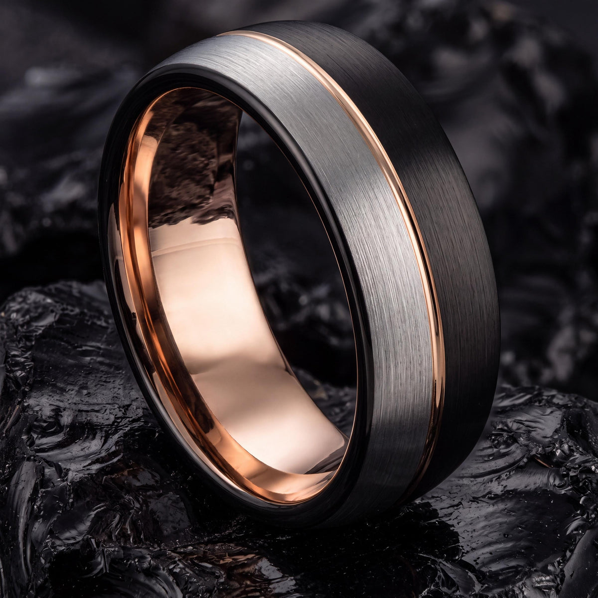 His And Hers Wedding Rings,Rose Gold And Black Tungsten Wedding Band,Silver Jewelry,Female Rose Gold Wedding Band,Black Wedding Band Women,1