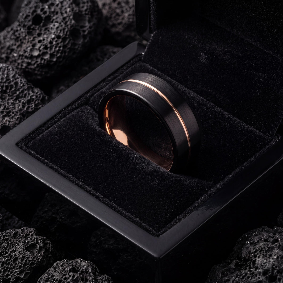 Promise Ring, Black Rose Gold Tungsten Band, 9mm Flat Edge, Custom, Personalized, Minimalist, Handmade, Engraved, Gift for Boyfriend