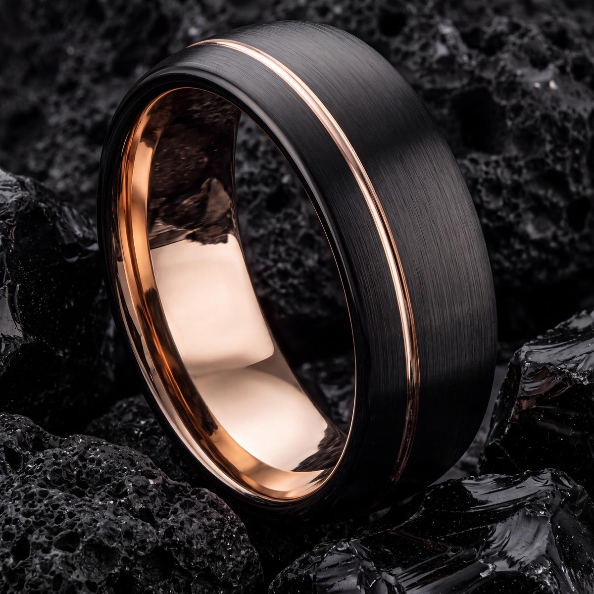 Mens Wedding Band, Black Rose Gold Tungsten Ring, 8mm Dome Edge, Jewelry, Custom, Personalized, Minimalist, Handmade, Gift for Him