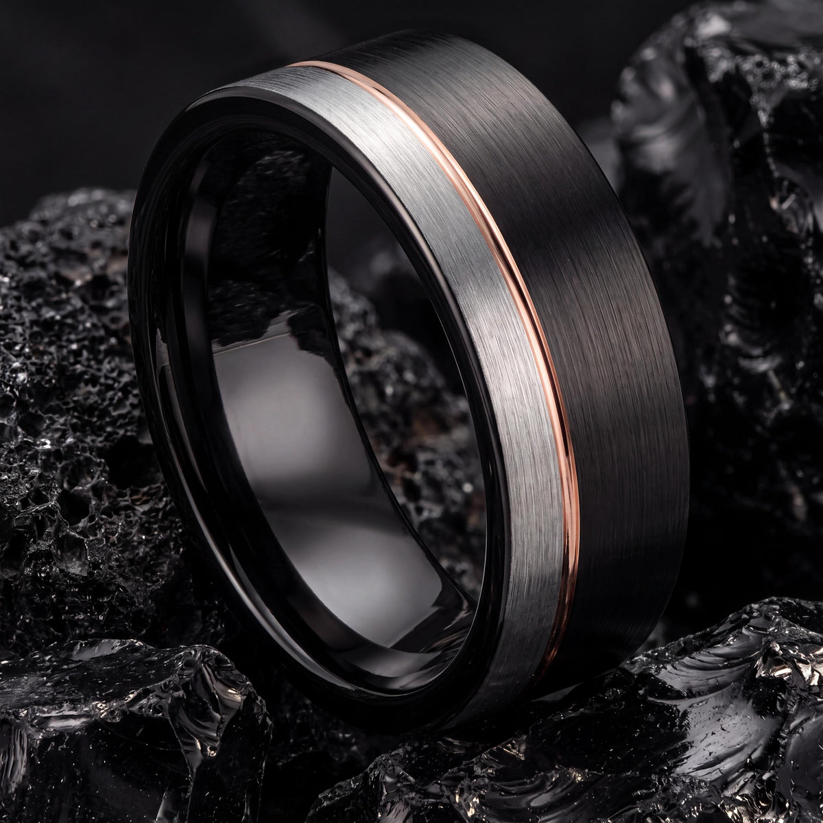 Wedding Band Men,Womens Wedding Ring,Rose Gold and Black Tungsten Wedding Band,Silver Couples Rings,Rose Gold Ring,Mens Wedding Band Black,8
