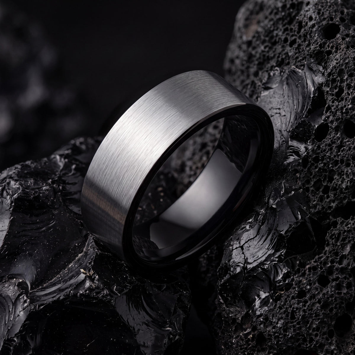 Tungsten Carbide Wedding Band, Black & Silver Bevel Ring, 6mm