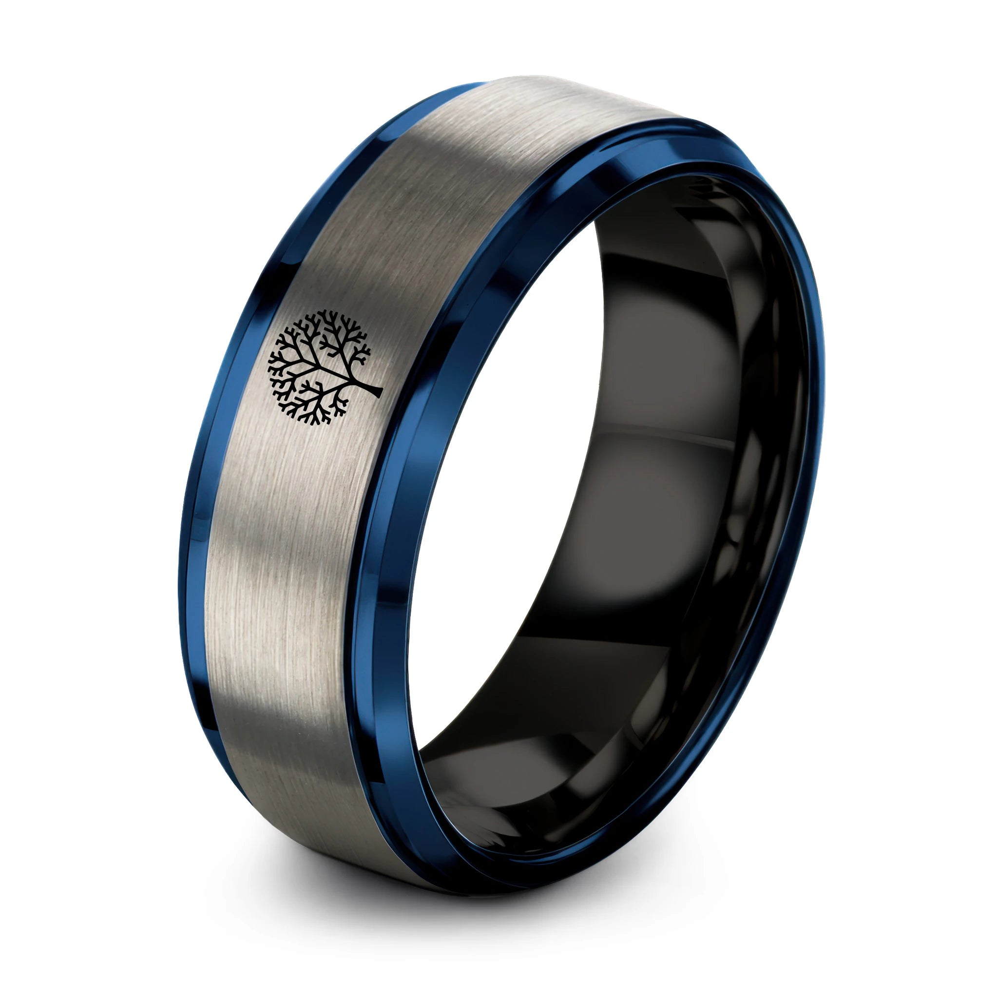 Tungsten BLACK BLUE GREY Rings for Men β black & blue & grey tungsten tree silhouette ring