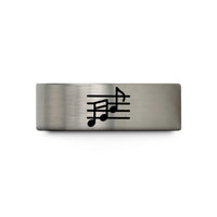 custom engraved rings online – gold & grey tungsten music staff wedding band