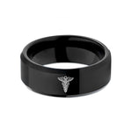 unique present ideas couples – black tungsten caduceus hermetic wedding band