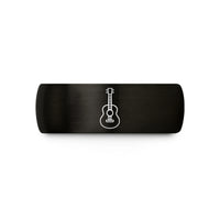 engraved rings for couples – black & rose gold tungsten guitar wedding band
