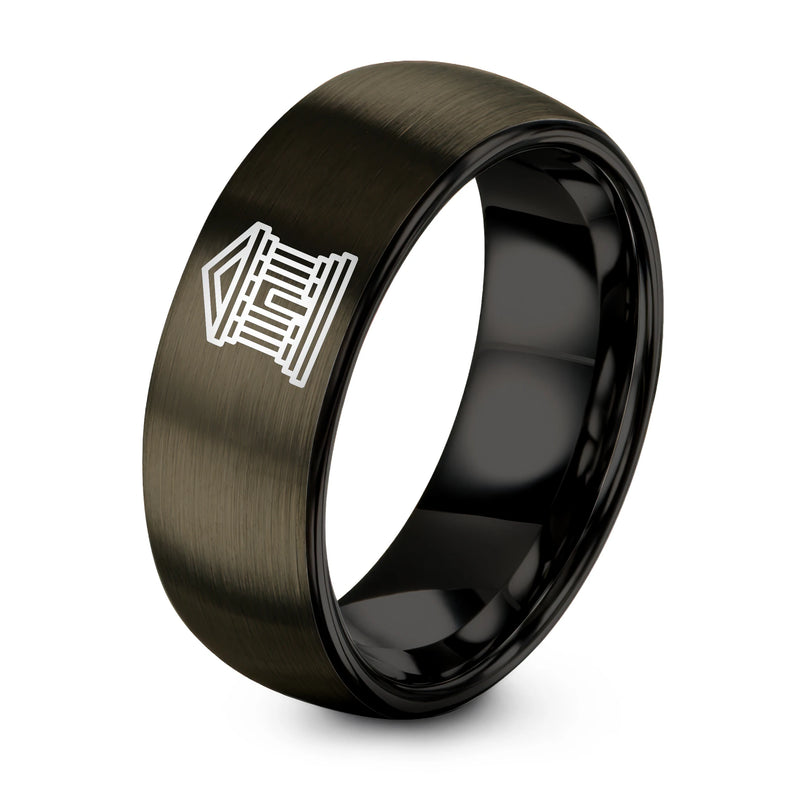 Courthouse Facade – Tungsten Wedding Band, 8 mm, Black, Gunmetal Comfort-Fit Unisex