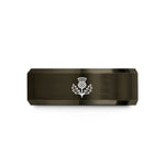 engraved bands for couples – gunmetal & rose gold tungsten thistle wedding band