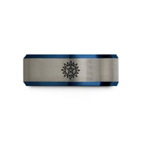unique rings for him – black & blue & silver tungsten sun pentacle wedding band