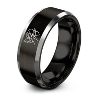 present ideas for couples – black & grey tungsten cupid silhouette heart arrow ring